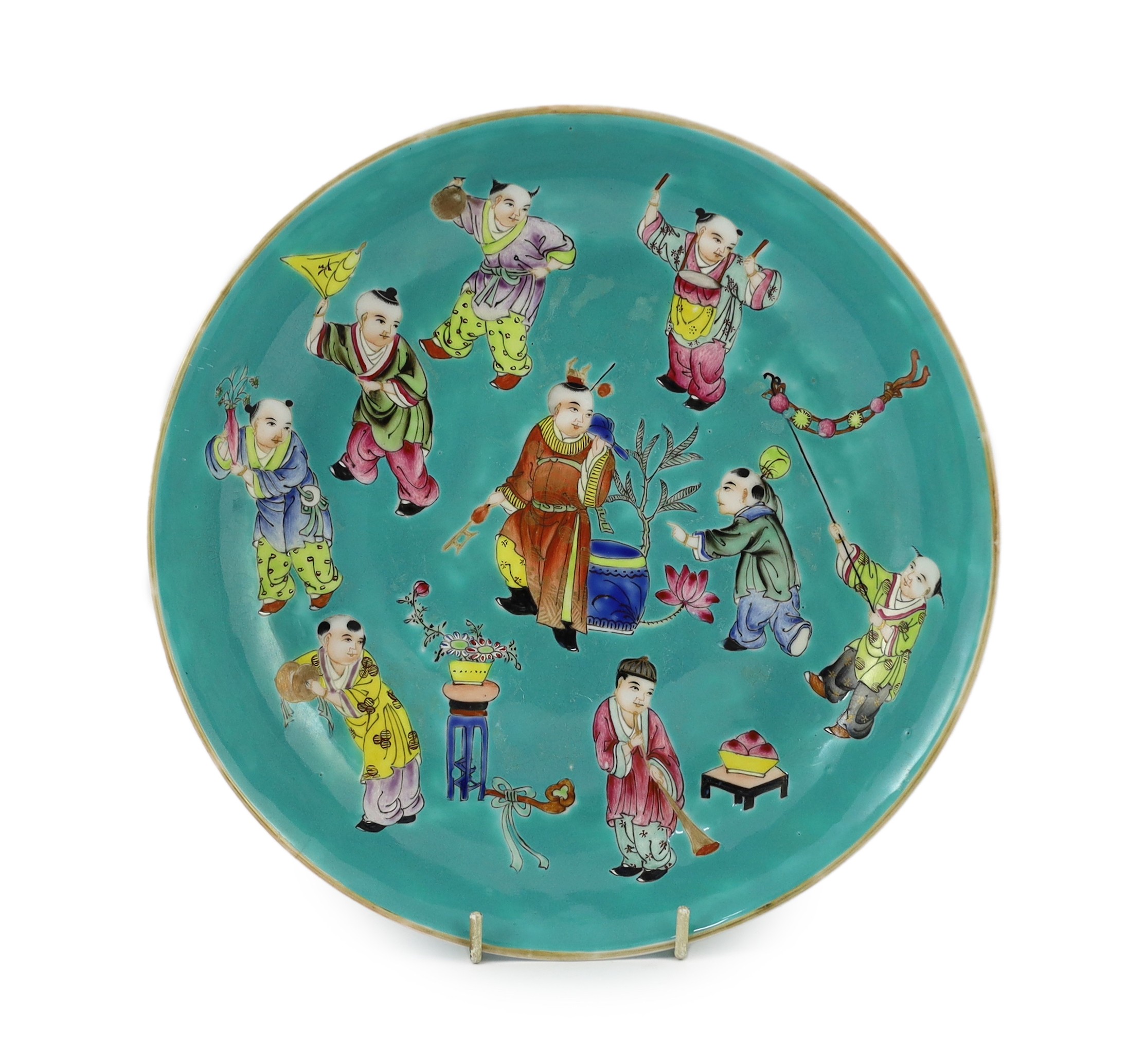 A Chinese turquoise ground 'Boys' dish, Jiaqing seal mark but Republic period, 23.5cm diameter, two hairline cracks